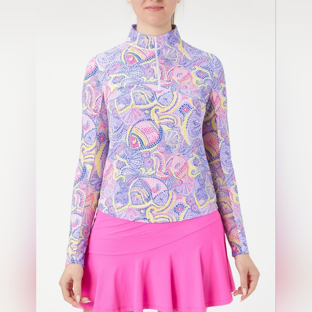 IBKUL long sleeve mock shirt mariel blue multi, size XS